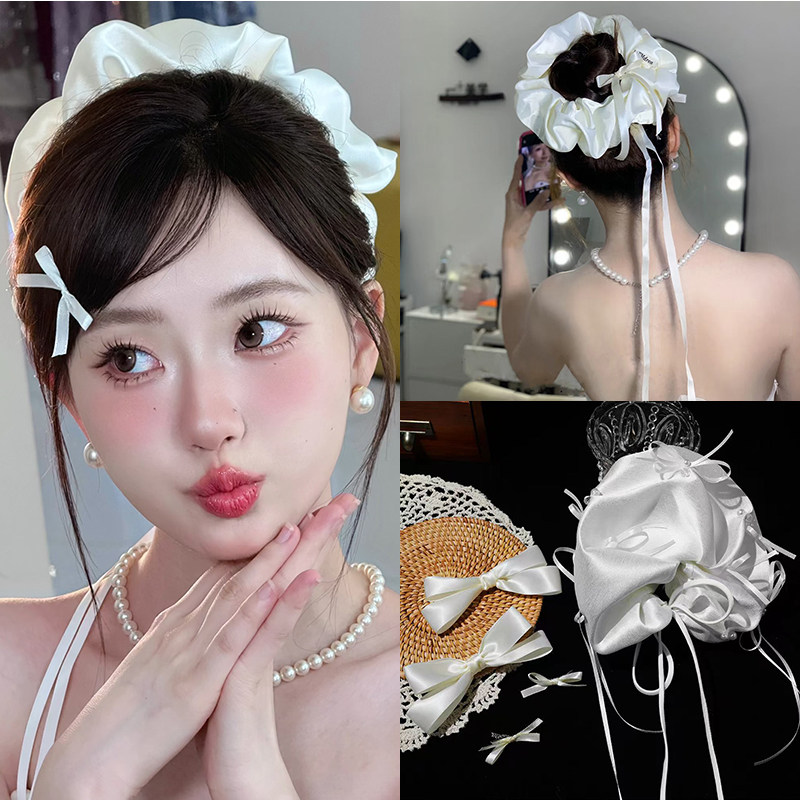 新款法式网红大肠圈风甜美少女简约气质绑发带新娘白色后脑勺发圈