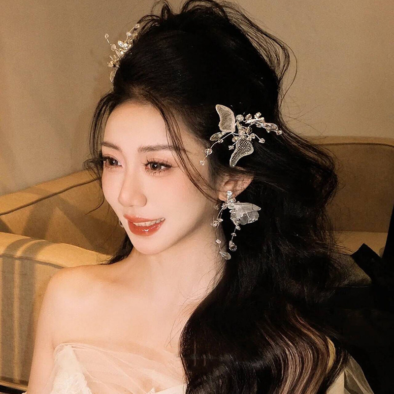 新娘头饰仙气森系小清新闪亮蕾丝水晶串珠边夹耳环结婚纱礼服配饰