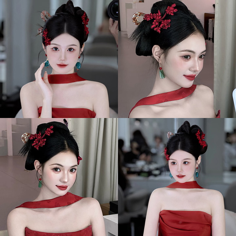 新娘头饰新中式国风红色仿真花朵