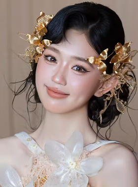 香槟金森系新娘羽毛蕾丝头饰