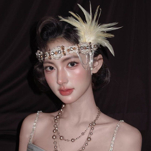 复古羽毛水钻发带女宴会派对头饰新娘盖茨比风超仙婚纱宴会发饰品