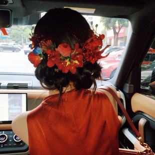 中式晨袍复古红色花朵头饰结婚汉服新娘敬酒旗袍礼服发饰配饰头花