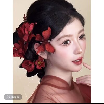 新中式酒红灵动蝶新娘发夹