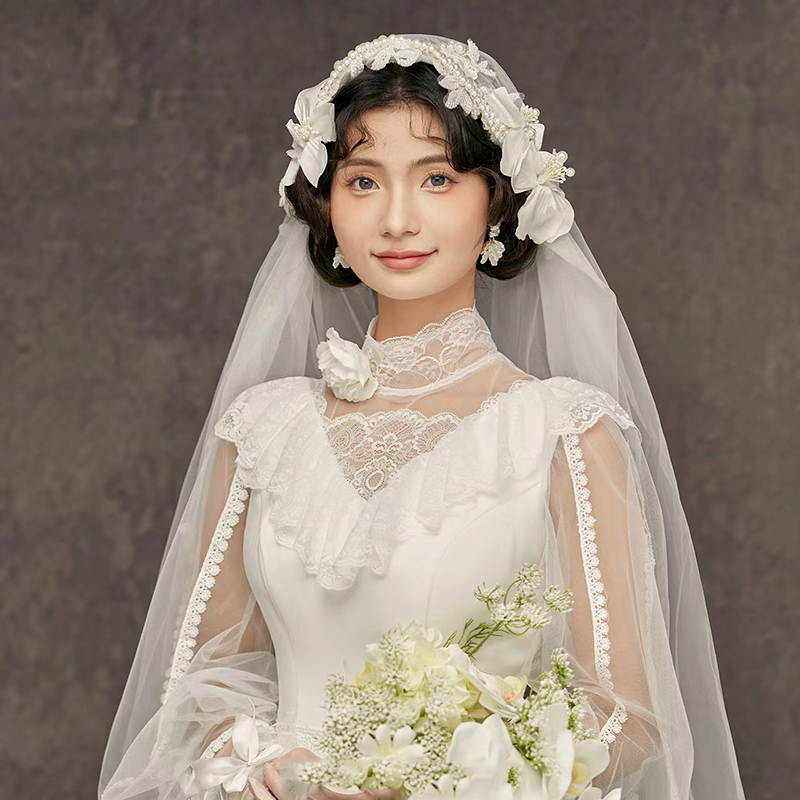 新娘复古森系甜美头花朵头纱影楼拍照高级头饰结婚礼白纱写真配饰