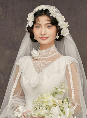 新娘复古森系甜美头花朵头纱影楼拍照高级头饰结婚礼白纱写真配饰