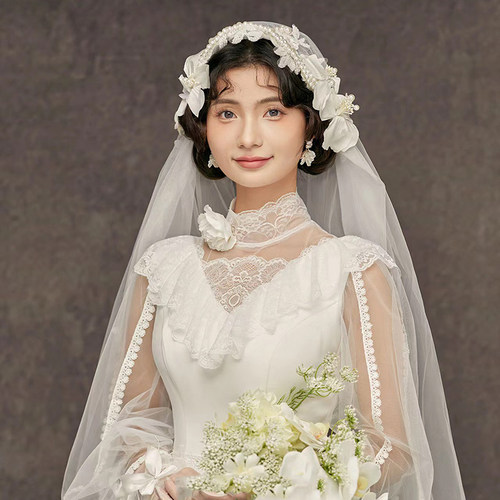 新娘复古森系甜美头花朵头纱影楼拍照高级头饰结婚礼白纱写真配饰