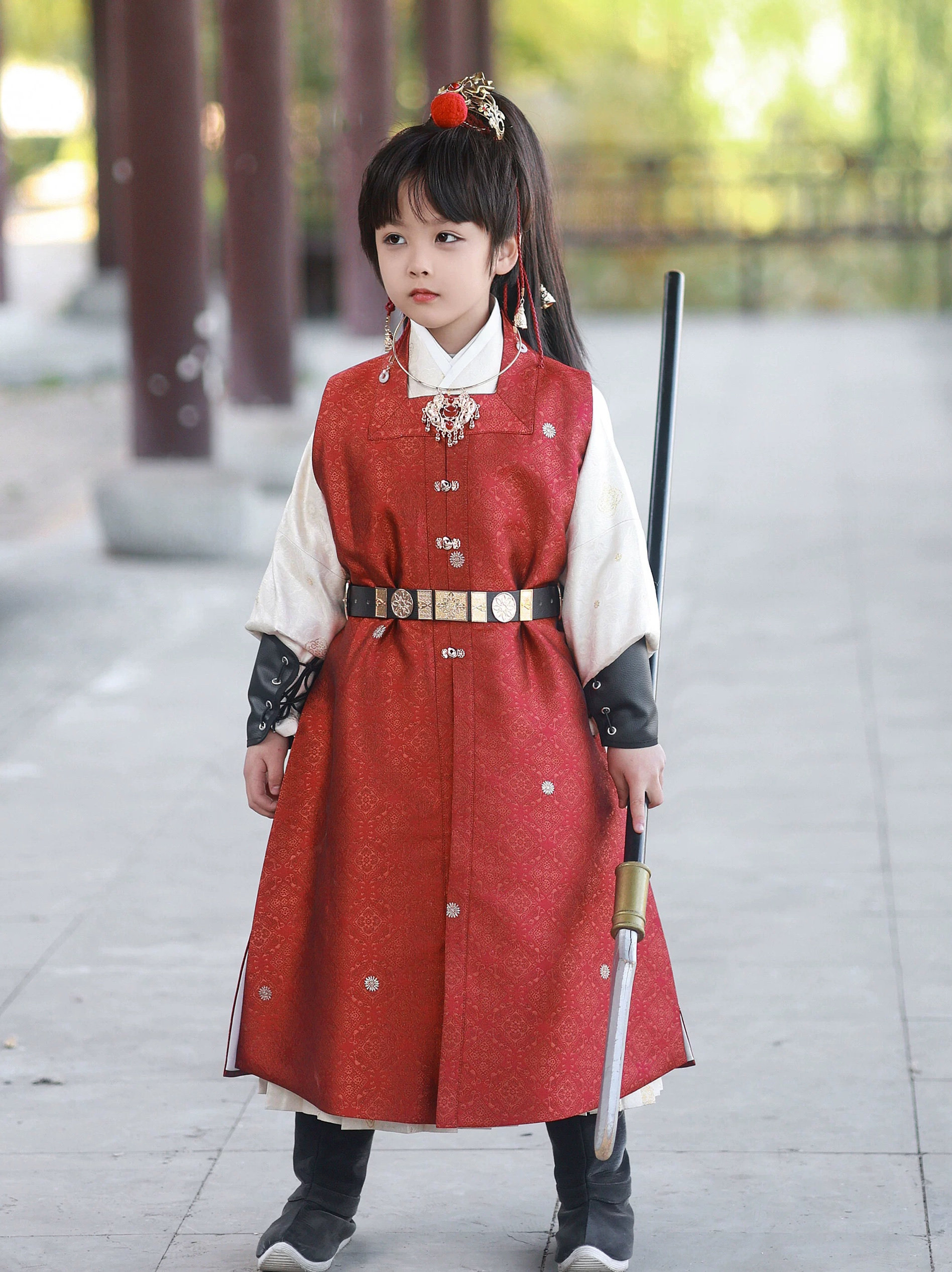 出租喵小喵汉服-秋冬提花暗纹满金花罩甲贴里明制男童男宝宝图片