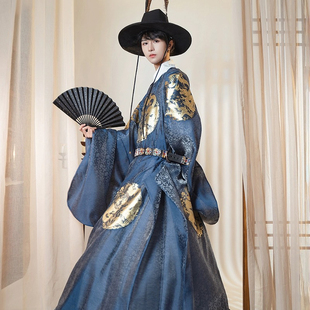 汉服出租【流烟昔泠】明制云中君明镜琼华 织金藏蓝圆领袍