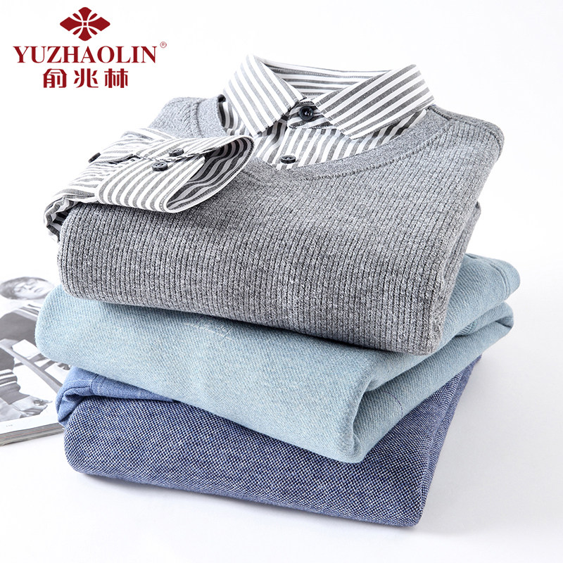 俞兆林男士衬衫长袖秋冬季加绒加厚假两件保暖衬衣休闲针织打底衫