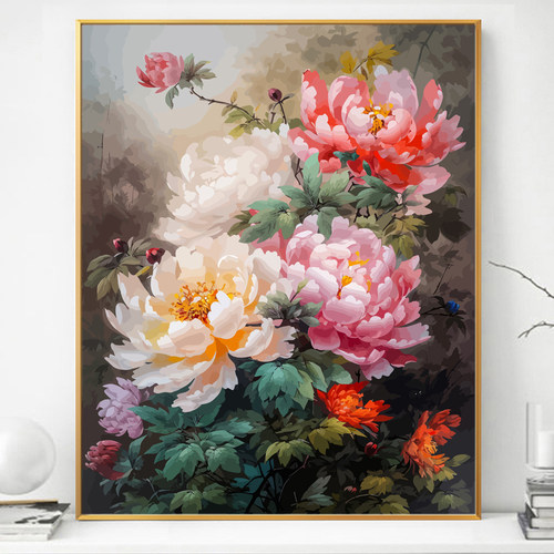 中国风国潮牡丹花卉画画diy数字油画填充填色丙烯手工手绘油彩画