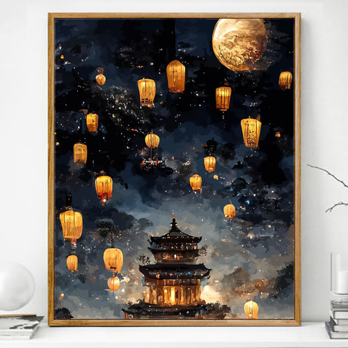 孔明灯数字油画diy填充画画填色油彩画2024新款手工涂色丙烯手绘