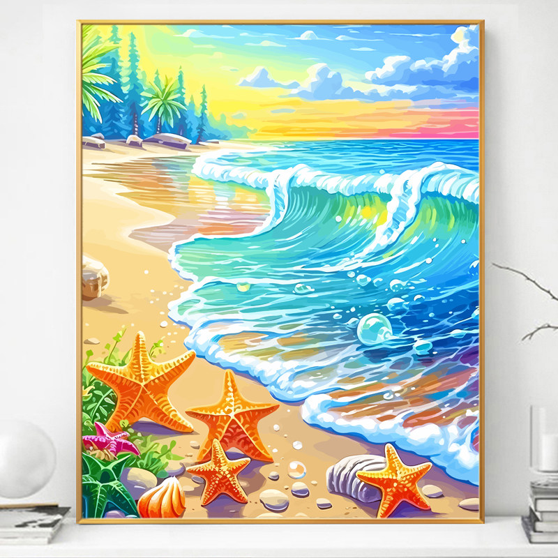 彩虹海滩画画diy数字油画填充填色2024新款手绘涂色油彩手工高级
