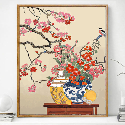 中式古典瓶中花数字油画diy填充画画填色油彩画丙烯涂色手工手绘