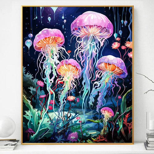 海底世界水母画画diy数字油画填充填色2024新款丙烯手工手绘油彩