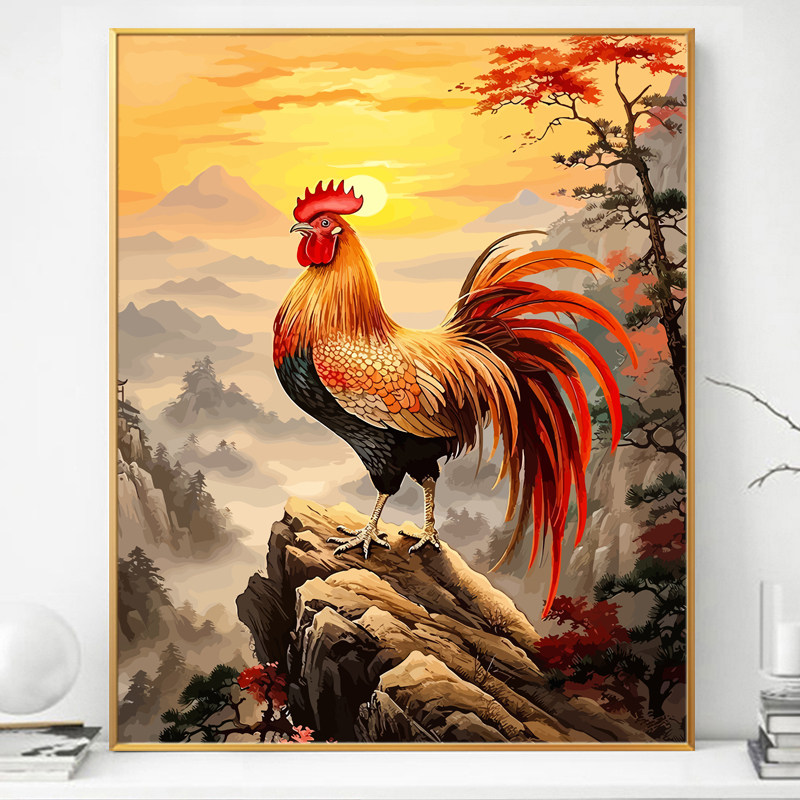金鸡报晓新中式画画diy数字油画填充填色手绘手工丙烯油彩装饰画