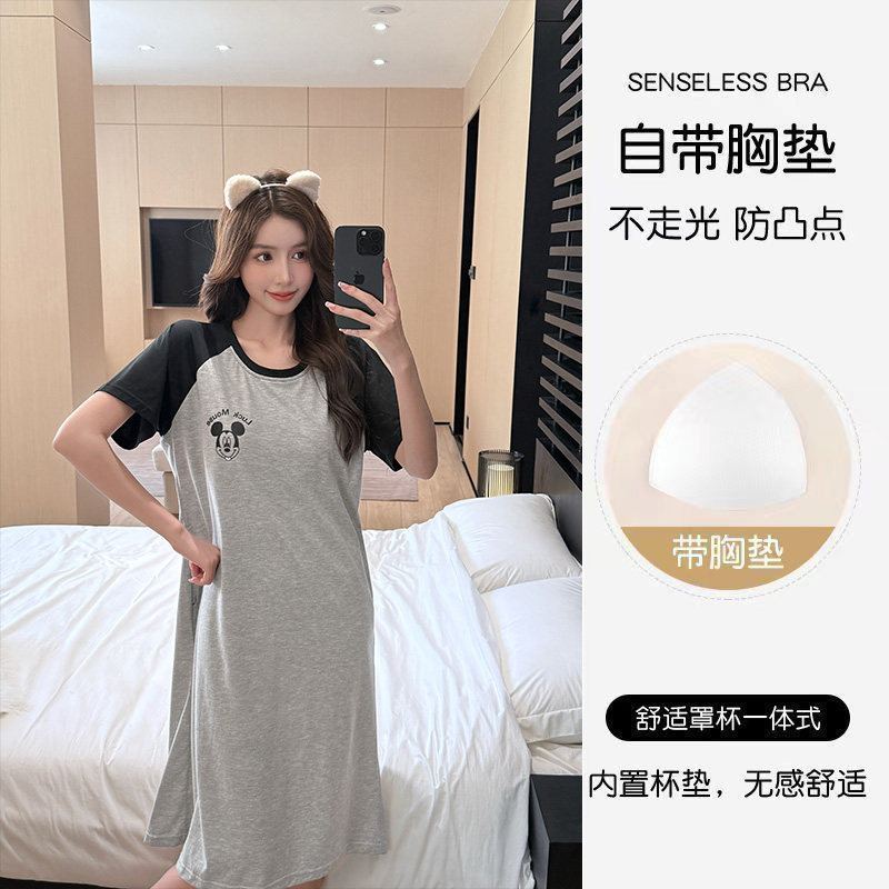 内带胸垫免文胸睡衣女夏季新款卡通米奇纯棉宽松中长款家居服睡裙