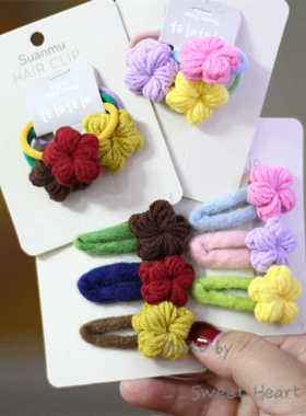 韩系女童毛线花朵头绳女宝可爱撞色发夹皮筋发绳头饰
