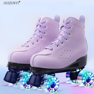 绿色溜冰鞋 成人男女双排皮款 四轮旱冰鞋 粉紫色闪光轮双排轮滑鞋