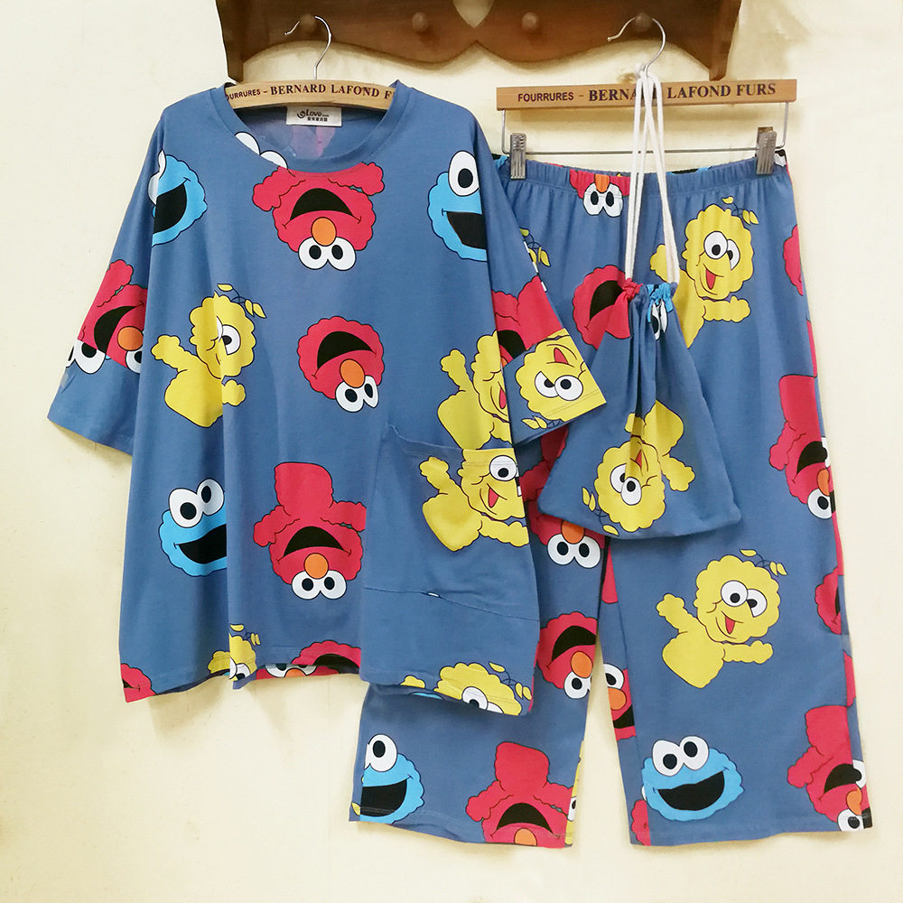 大码布袋睡衣纯棉芝麻街套装胖mm睡衣布袋ins女夏全棉家居服套装