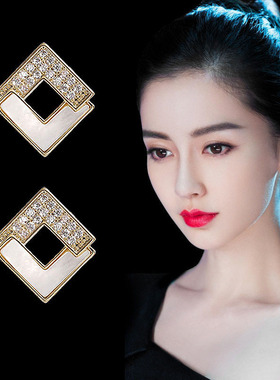 925银针几何菱形方块耳钉镶钻锆石耳饰韩国流行简约天然母贝耳环