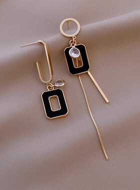 黑色几何不对称长款耳环新款气质高级流苏时尚设计感小众耳饰耳钉