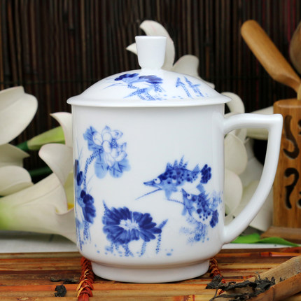 红叶金品陶 釉中彩高温白瓷青花带盖陶瓷杯办公会议泡茶杯和为贵