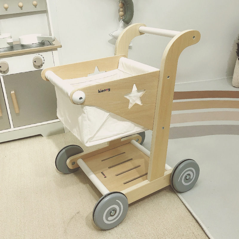 儿童木制仿真购物车玩具宝宝动手扶小推车幼儿过家家超市购物车