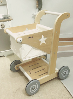 儿童木制仿真购物车玩具宝宝动手扶小推车幼儿过家家超市购物车