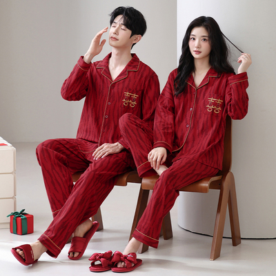 缤果睡衣82838#春秋冬季大红婚庆情侣睡衣开衫拉架仿棉家居服套装