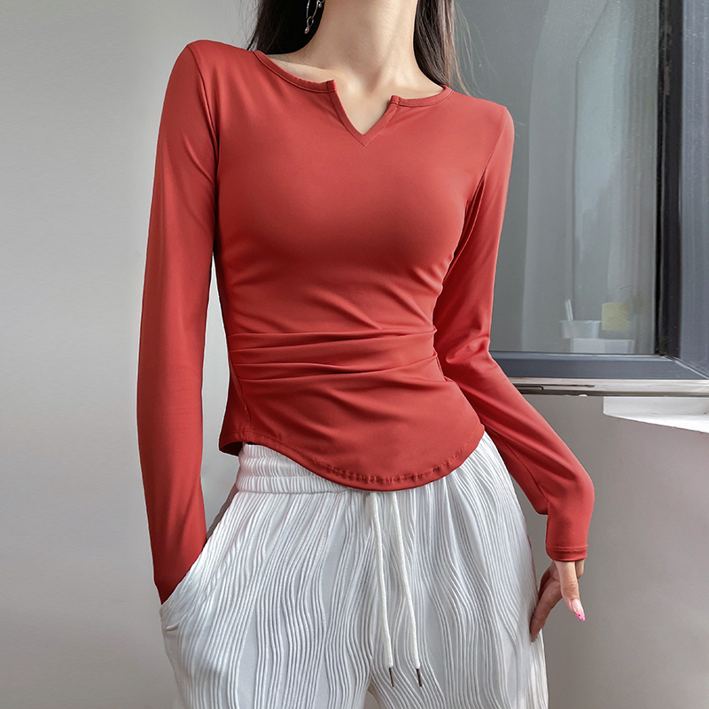 v领速干瑜伽服长袖紧身运动上衣