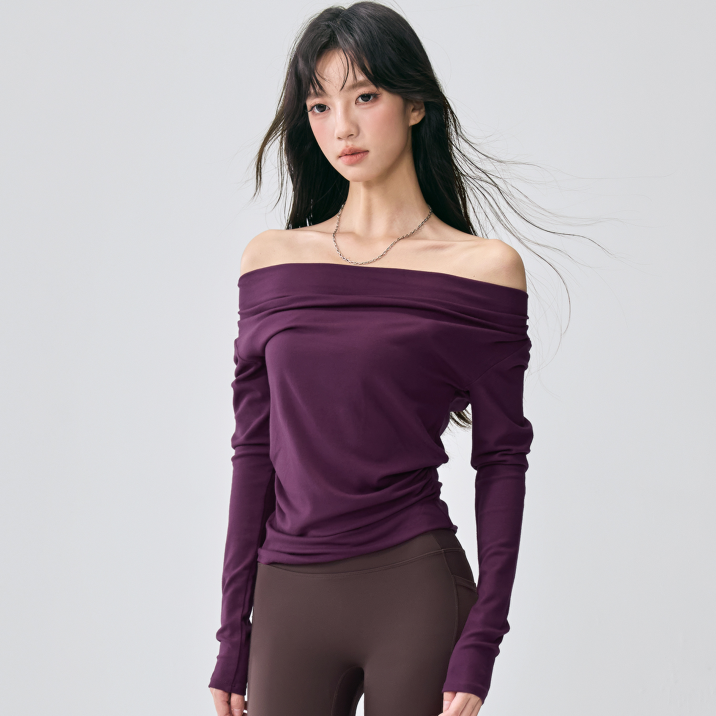 一字领露肩瑜伽服长袖女秋冬新款高级感运动上衣修身显瘦健身T恤