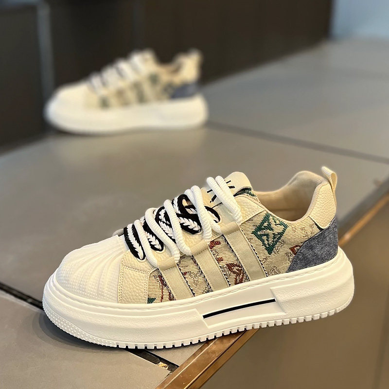 贝壳头男鞋春季新款三条杠低帮板鞋布面透气圆头系带时尚休闲鞋男