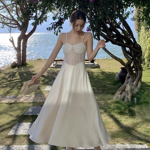 Wedding新娘结婚婚睡美人晨袍内搭蕾丝吊带拼接绸缎缎面长裙