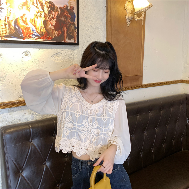 Real time hook lace short Pullover Long Sleeve Chiffon shirt