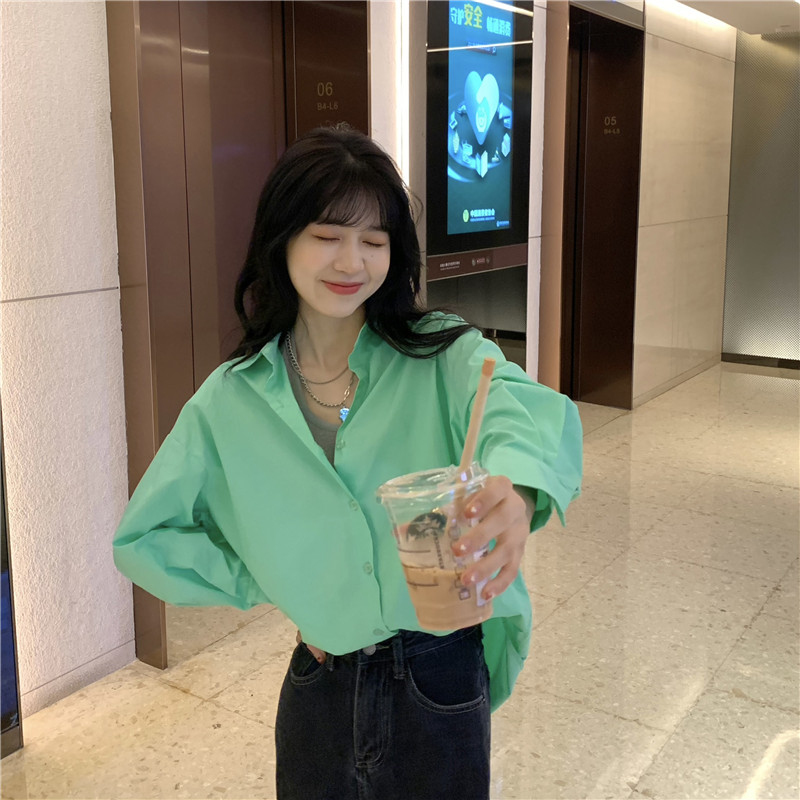 實拍 春秋糖果色小眾寬鬆襯衣