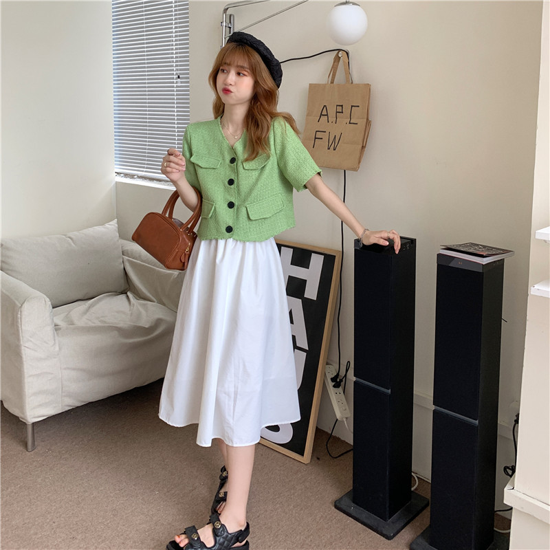 Real shot small fragrance coat thin French V-neck irregular short sleeve + skirt