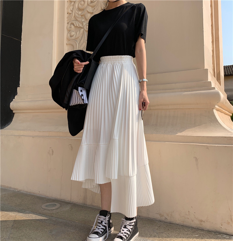 Real shot irregular pleated high waist A-shaped cake chiffon skirt