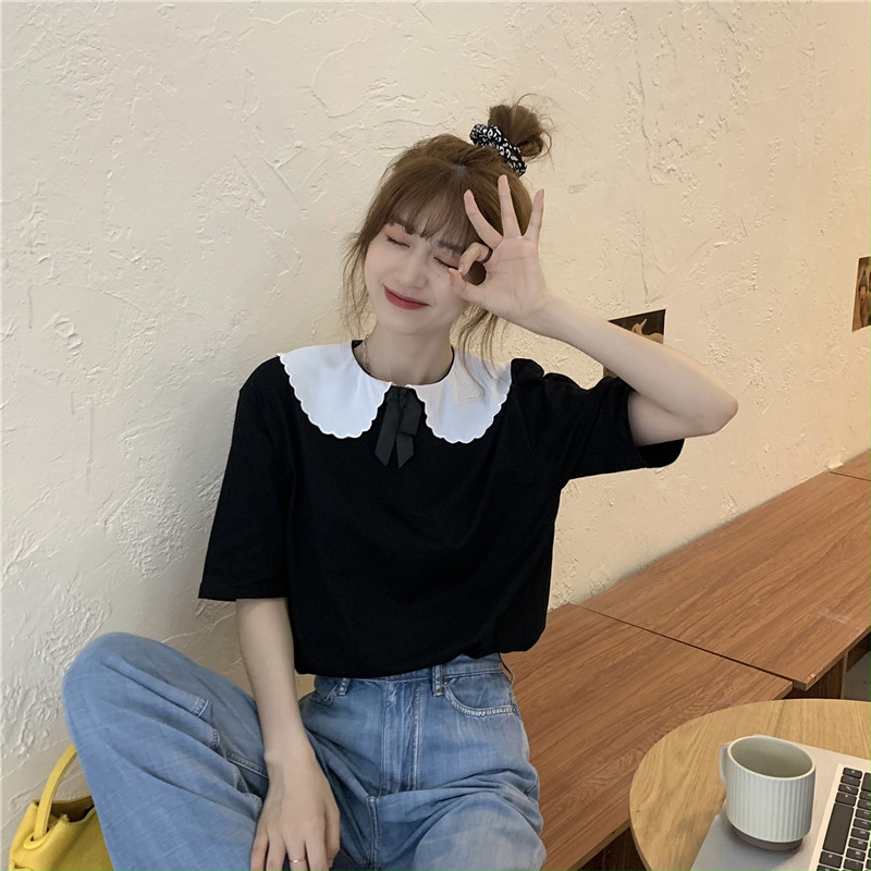 Real shot loose lace bow doll neck Short Sleeve T