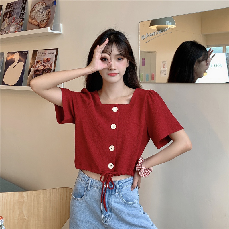 Real shot red short shirt with square neck and loose Drawstring