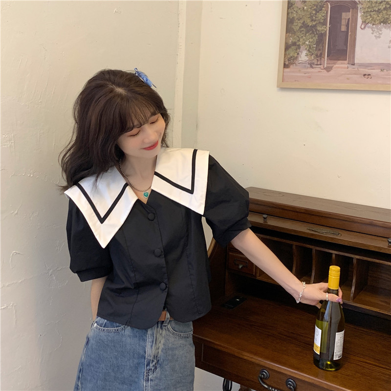 Real shot Navy style short sleeve shirt with lapel