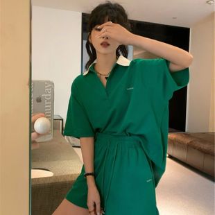 短袖 宽松时尚 polo衫 两件套 t恤短裤 女夏季 盐系休闲运动服套装 新款