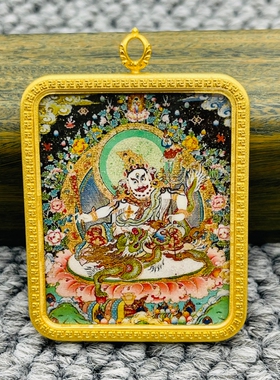 正品描金手绘白财神唐卡佛牌护身符吊坠牌铜镀金噶乌盒车挂饰品