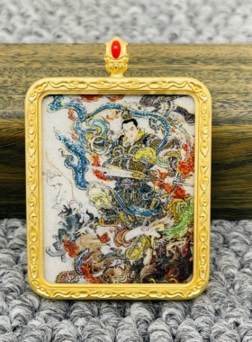 正品洒金手绘二郎神真君杨戬唐卡道牌护身符吊坠金色噶乌盒