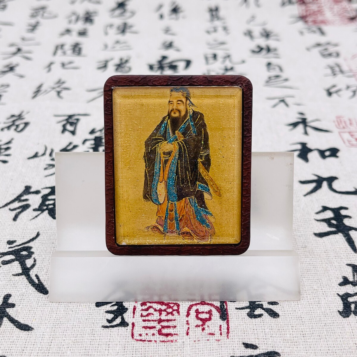 双面洒金手绘孔子+纯手绘五雷枣木唐卡道牌吊坠镶银南斗北斗