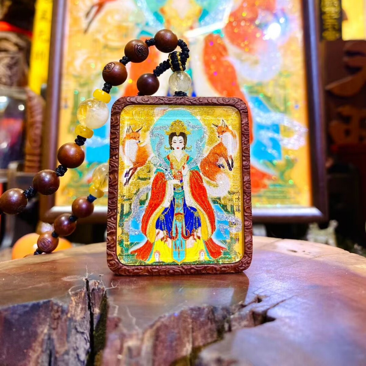 双面洒金手绘美女狐狸+纯手绘讳字枣木唐卡道牌镶银北斗