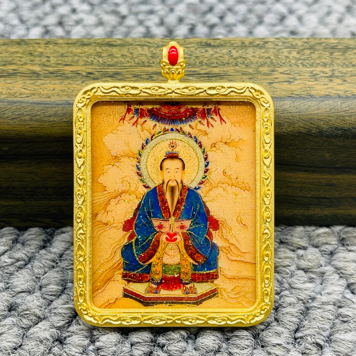 正品洒金手绘元始天尊唐卡道牌护身符吊坠金色噶乌盒