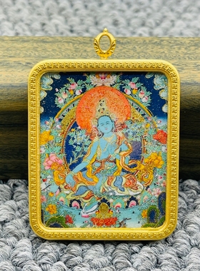 正品洒金手绘绿度母唐卡佛牌护身符吊坠牌铜镀金噶乌盒