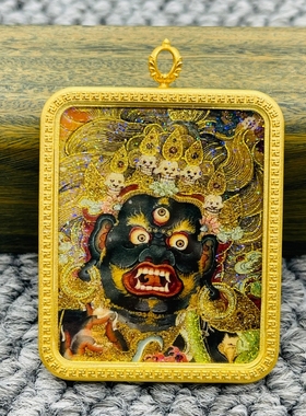 正品洒金纯手绘黑玛哈嘎拉唐卡佛牌护身符吊坠牌铜镀金噶乌盒