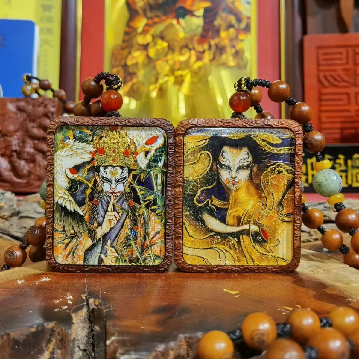 白云观双面洒金手绘白鹤童子+洒金手绘仙鹤枣木唐卡道牌镶银北斗