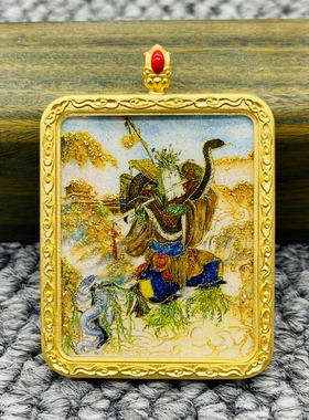 正品洒金纯手绘常大仙唐卡道牌护身符吊坠铜镀金噶乌盒